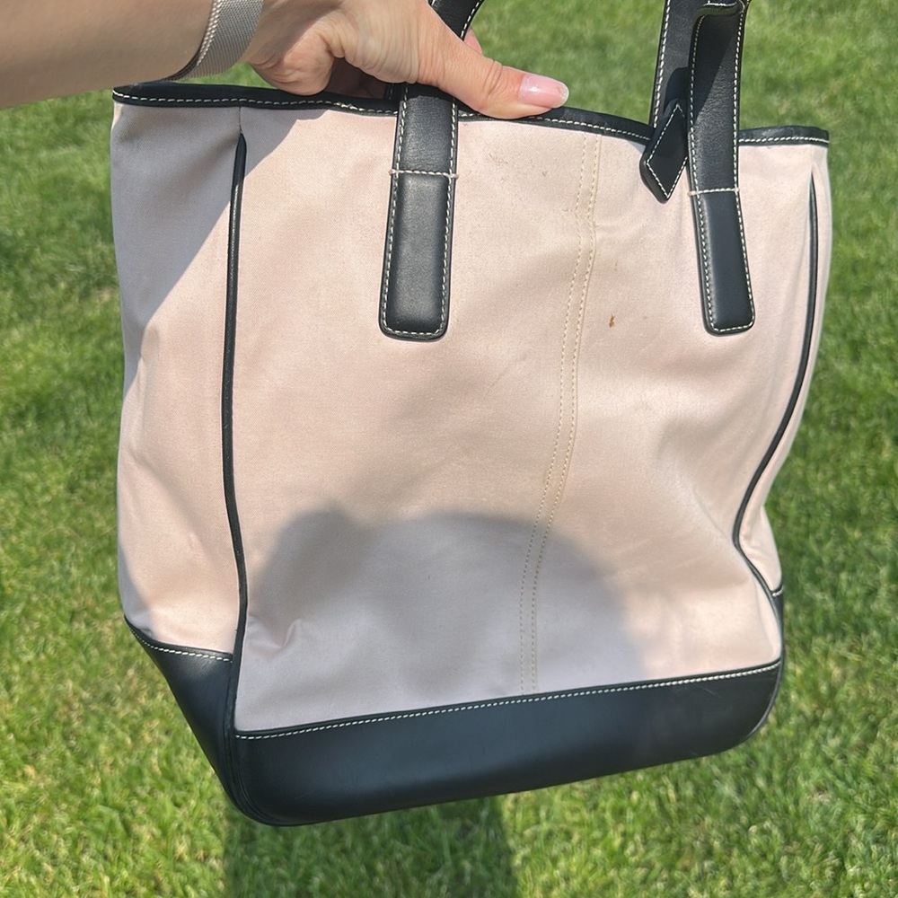Vintage Coach Hamptons Large Tote Bag Linen/Canvas Cream & Black Leather #7707 - Picture 2 of 11